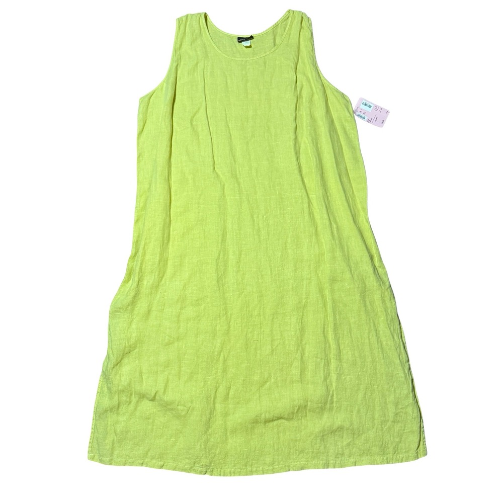 Liz & Jane Chartreuse Yellow 100% Linen Sleeveless Midi Dress 3X VTG Lagenlook